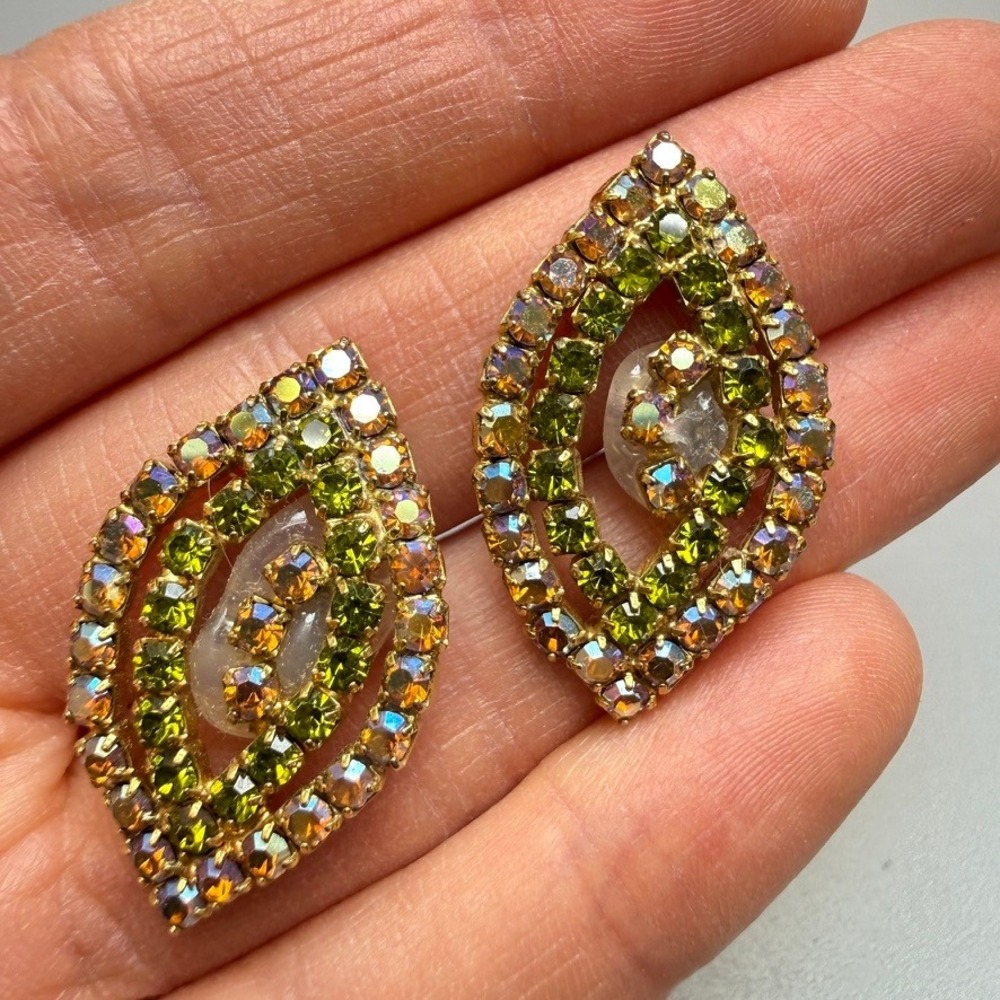 Large Vintage AB Rhinestone Flower Brooch Earrings Set 3" Pink Green MCM Chic - Picture 7 of 16